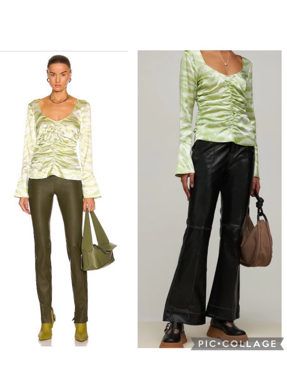 Ganni Zebra Stripe Organic Silk Stretch Ruched Blouse Green 36/M Margarita $349